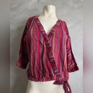 Cotton Top Striped Multicolored Faux Wrap Top Sz M Girl Crazy